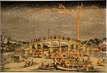 Fireworks at Ryogoku, by Utagawa Toyoharu, Japan, Edo period, 1700s AD, woodblock print on paper - Tokyo National Museum - Tokyo, Japan - DSC09261