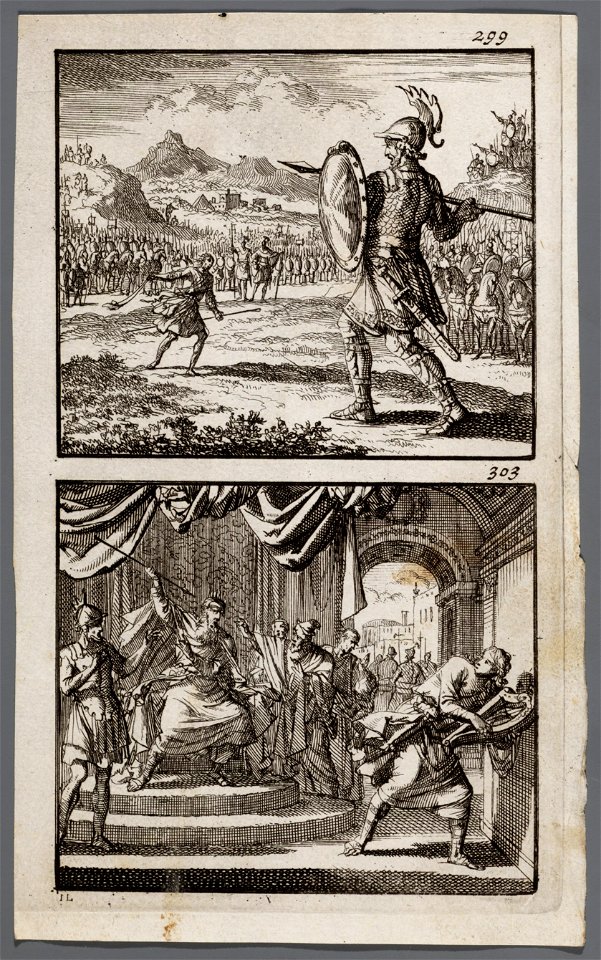 Goliath tegenover David en het leger der Israëlieten, Saul werpt vanaf zijn troon een spies naar de vluchtende David, objectnr A 48059