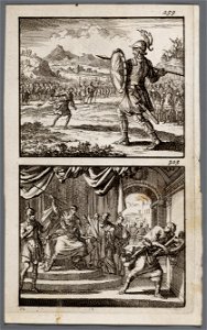 Goliath tegenover David en het leger der Israëlieten, Saul werpt vanaf zijn troon een spies naar de vluchtende David, objectnr A 48059
