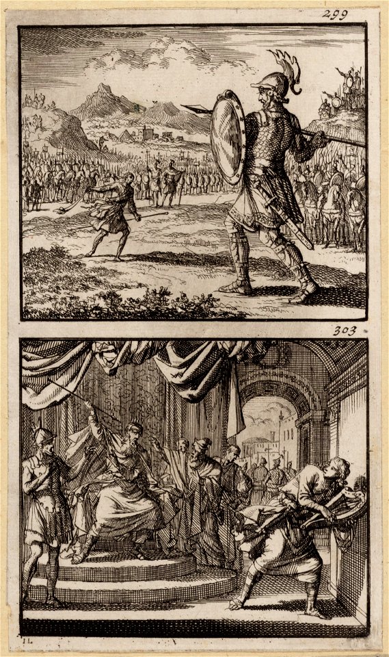 Goliath tegenover David en het leger der Israëlieten, Saul werpt vanaf zijn troon een spies naar de vluchtende David, objectnr A 48146