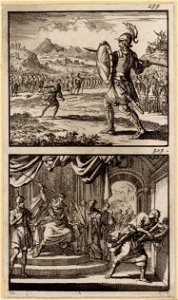 Goliath tegenover David en het leger der Israëlieten, Saul werpt vanaf zijn troon een spies naar de vluchtende David, objectnr A 48146