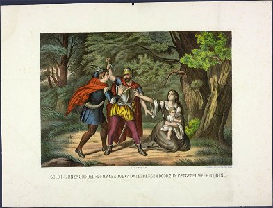 Golo in zijn snood bedrijf om Genoveva omtebrengen door zijn medgezel weerhouden-Catchpenny print-SMC K 0157