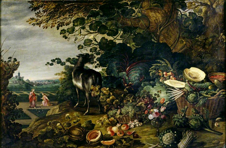 Gommaert van der Gracht (c.1590-1639) - An Extensive Landscape with Exotic Flowers, Fruit and Vegetables and a 'Noli me Tangere' in the Garden Beyond - 784674 - National Trust