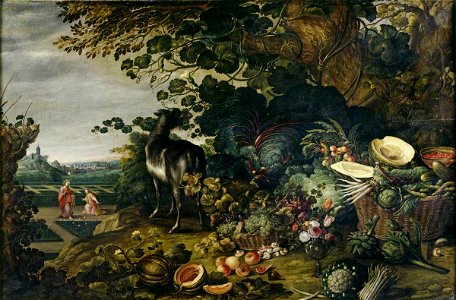 Gommaert van der Gracht (c.1590-1639) - An Extensive Landscape with Exotic Flowers, Fruit and Vegetables and a 'Noli me Tangere' in the Garden Beyond - 784674 - National Trust