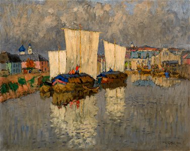 Konstantin Gorbatov - Boats by the River Bank. Free illustration for personal and commercial use.