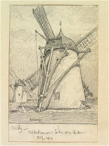 Gotland, Visby. Väderkvarnar söder om staden. Teckning av Ferdinand Boberg - Nordiska museet - NMA.0088046