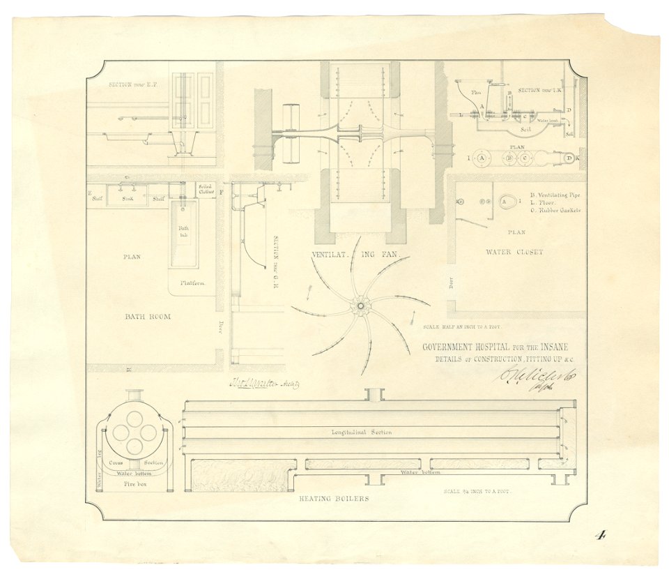 Government Hospital for the Insane (Saint Elizabeths Hospital), Washington, D.C. Boiler house. Heating boiler, ventilating fan, bathroom, and water closet. Plans, elevations, and sections) - LCCN2013648656