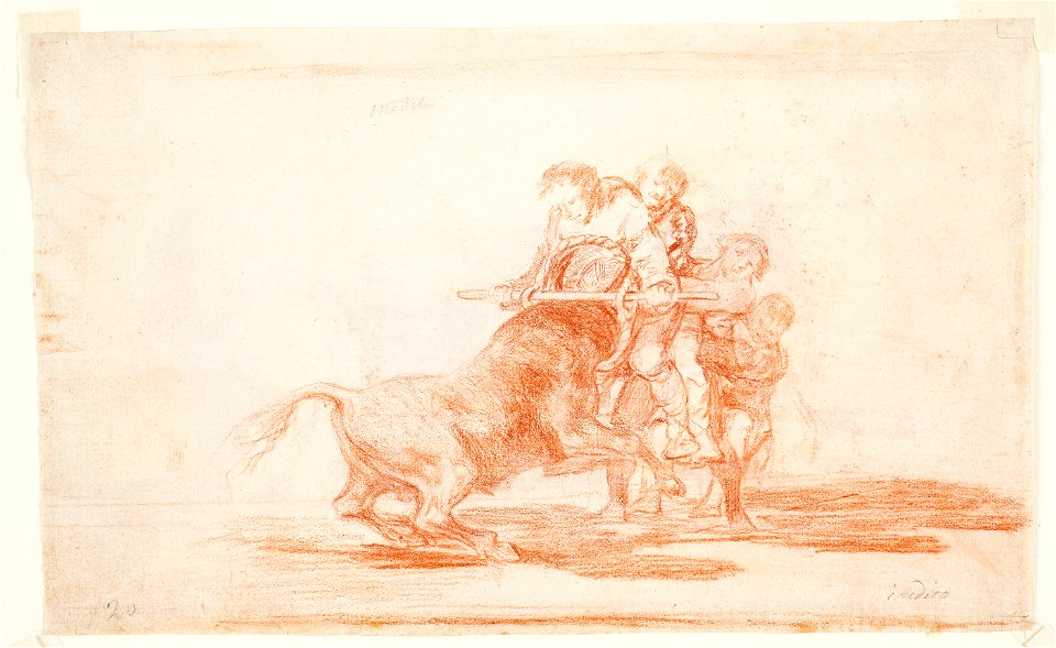 Goya - Cuatro personajes aguantan la embestida de un toro utilizando un cesto, D04357(r)