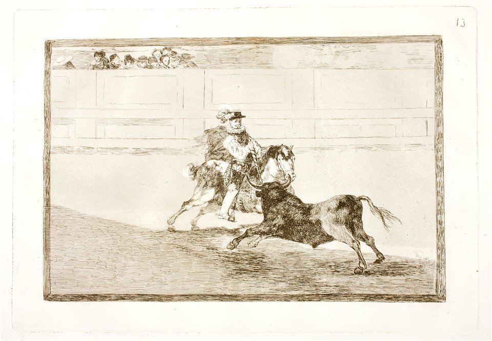 Goya - La Tauromaquia 13 Un caballero español en plaza quebrando rejoncillos sin auxilio de los chulos, G02423