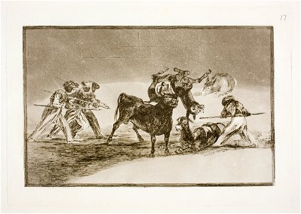 Goya - La Tauromaquia 17 Palenque de los moros hecho con burros para defenderse del toro embolado, G02427