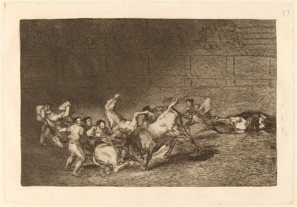 Goya - Dos grupos de picadores arrollados de seguida por un solo toro