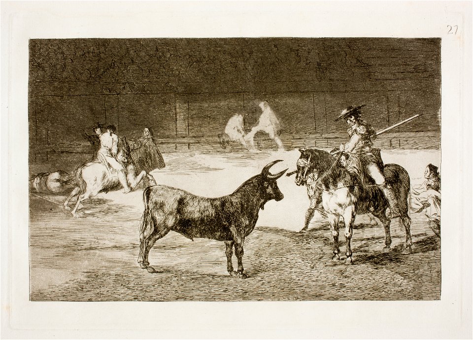 Goya - La Tauromaquia 27 El célebre Fernando del Toro, barilarguero, obligando á la fiera con su garrocha, G02437