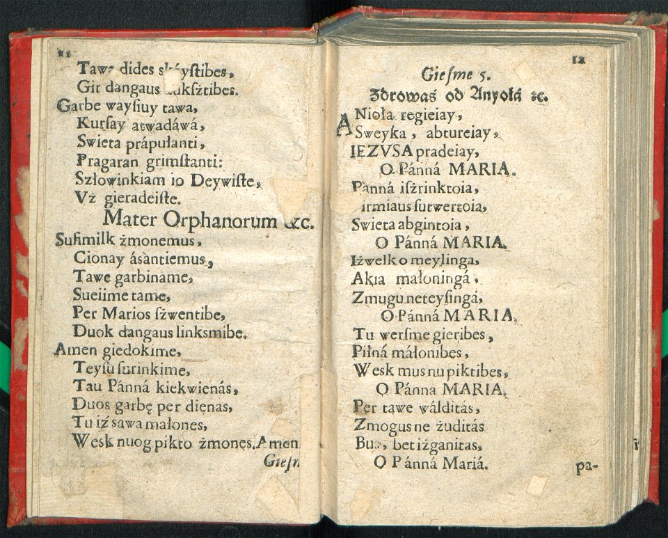 First page of Giesmes tikieimuy katholickam pridiarancias, o per metu szwietes giedamas Kuriup priliduoda Pfalmay Dowida. s. (in Lithuanian language) by S. M. Slavočinskis, Vilnius, 1646