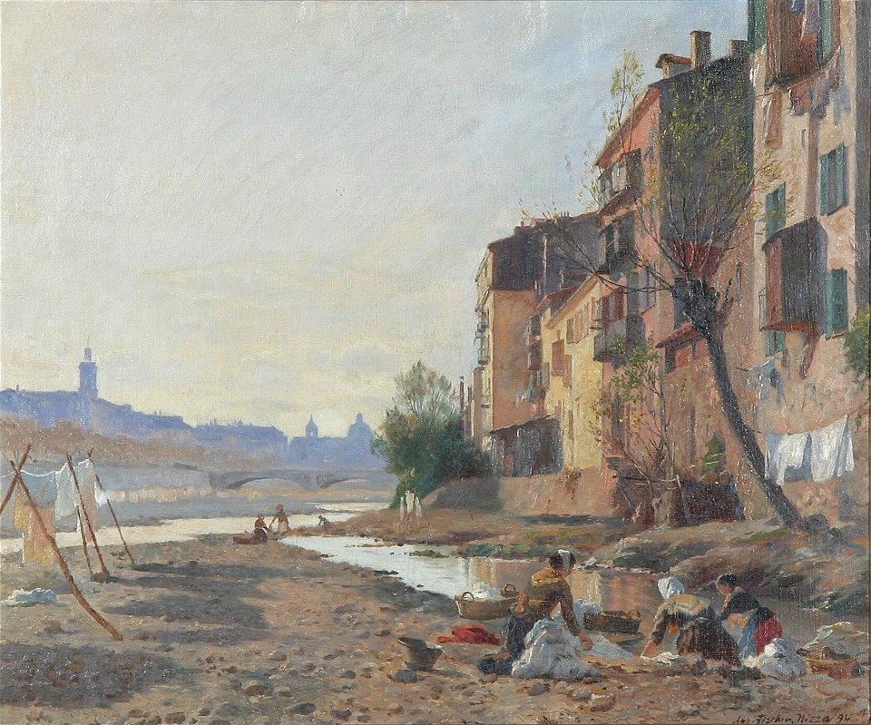 August Fischer - Parti fra Nice med vaskekoner ved en flod - 1894