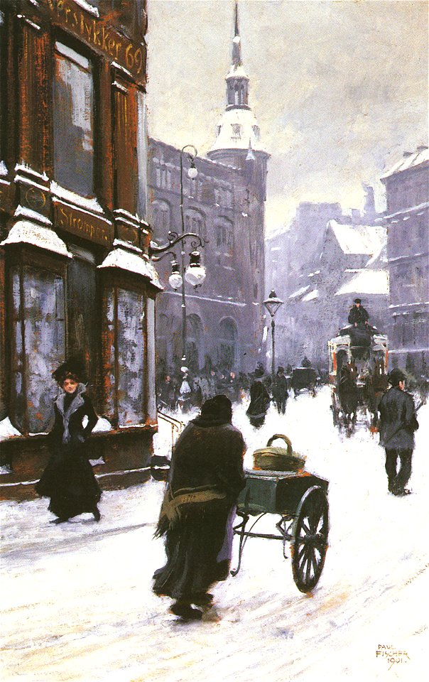 Fischer Paul (Danish) 1860 to 1934 A Street Scene In Winter, Copenhagen SND 1901