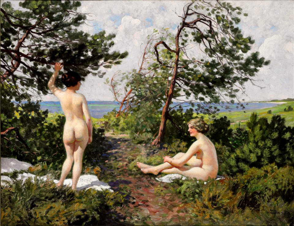 Paul Fischer - To badepiger i et krat ved kysten ved Hornbæk
