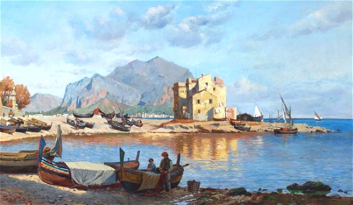 August Fischer - Kystparti med figurer og optrukne både - 1885
