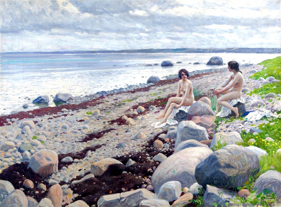Paul Fischer - To badende på en stenet strand