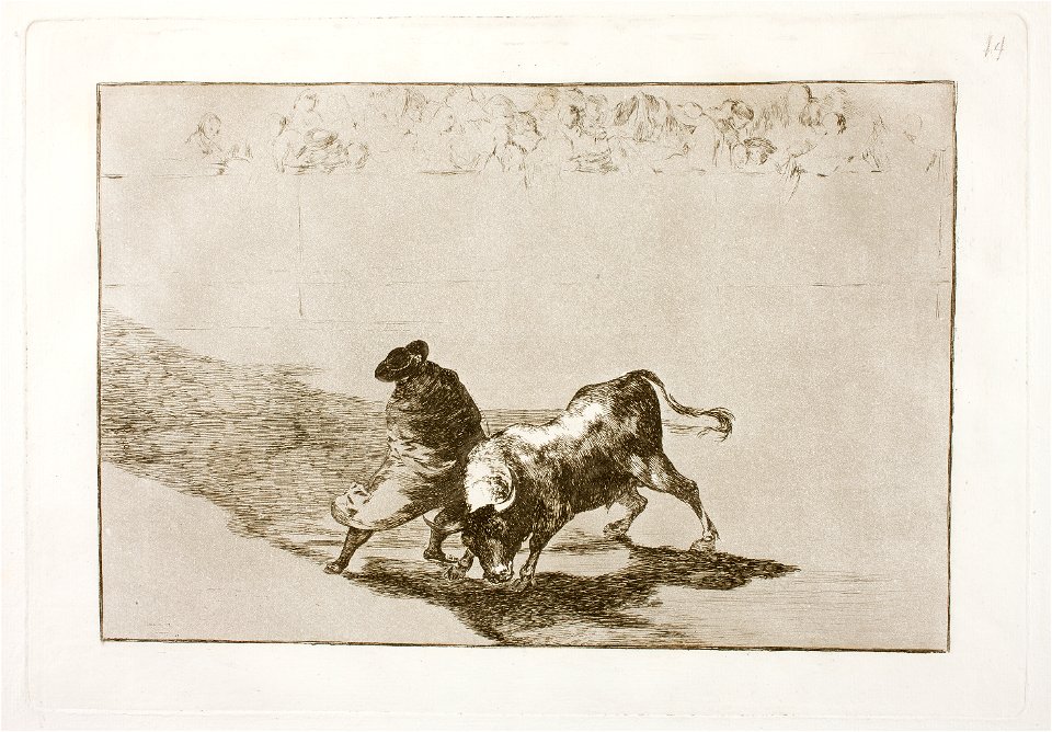 Goya - La Tauromaquia 14 El diestrísimo estudiante de Falces, embozado burla al toro con sus quiebros, G02424