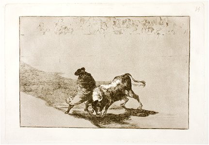 Goya - La Tauromaquia 14 El diestrísimo estudiante de Falces, embozado burla al toro con sus quiebros, G02424