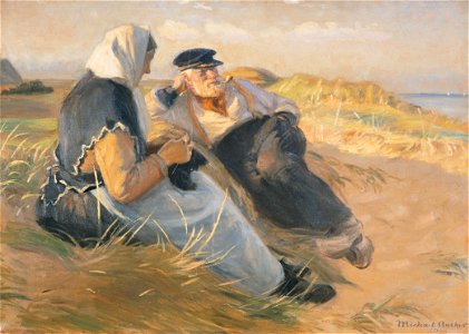 Fisherman Anders Velle and His Wife, Ane, on Skagen Beach, 1920. Free illustration for personal and commercial use.