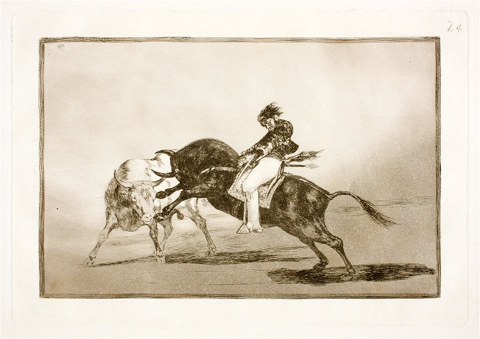 Goya - La Tauromaquia 24 El mismo Ceballos montado sobre otro toro quiebra rejones en la plaza de Madrid, G02434