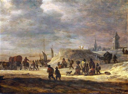 Fishermen and peasants on a beach with a village beyond, by Adriaan van der Cabel