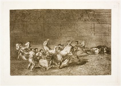 Goya - La Tauromaquia 32 Dos grupos de picadores arrollados de seguida por un solo toro, G02442