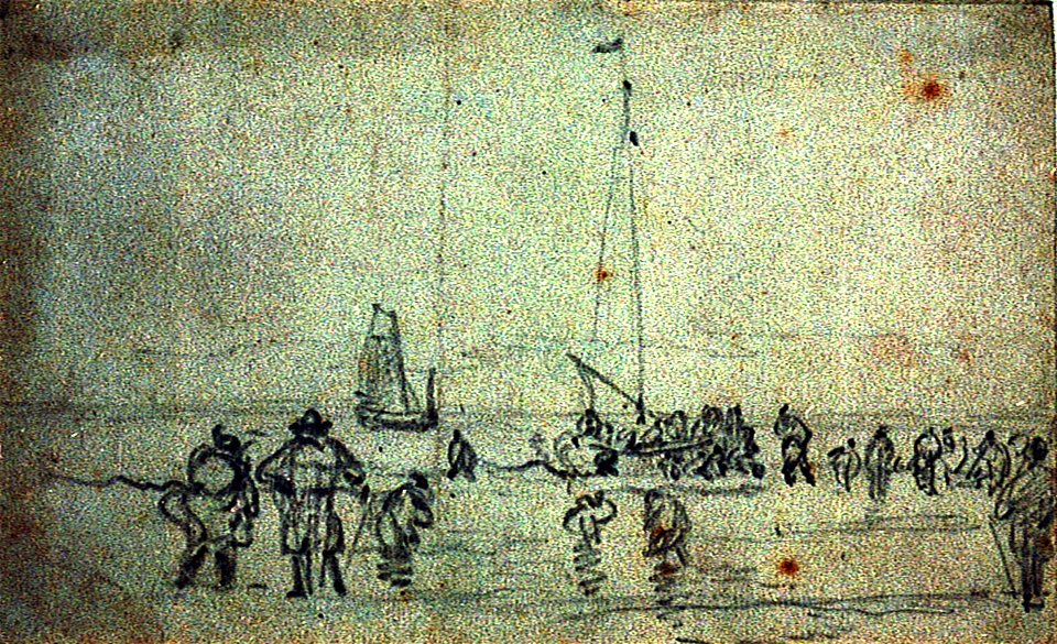 Fishermen on the shore, pushing off a pink RMG PV5234