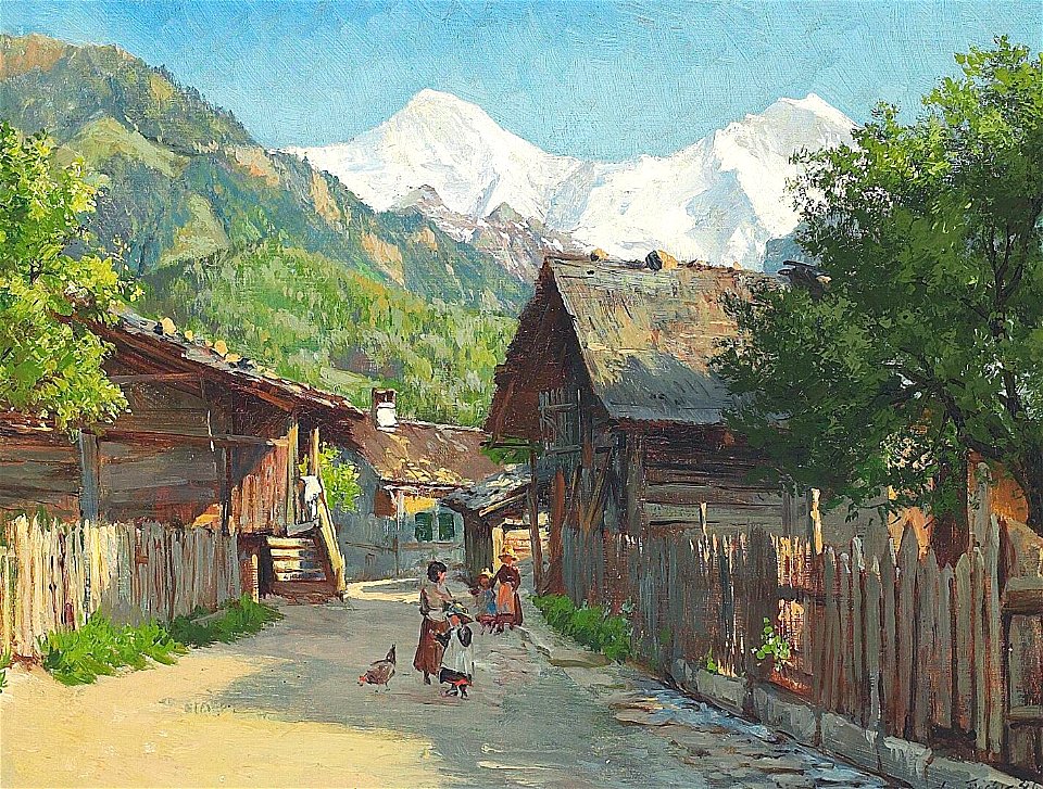 August Fischer - Sydlandsk gadeparti med gående kvinder og børn - 1886
