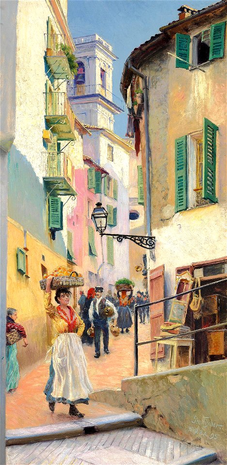 Paul Fischer - Gadeparti fra Nice med ung pige, der bærer en stor kurv appelsiner på hovedet - 1895