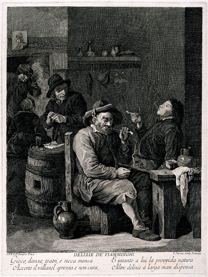 Five Flemish men, old and young alike, smoke and drink in a Wellcome V0019042