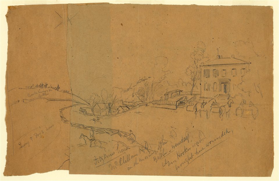 Fitz P(...) house McClellan's H.Q. on the morning of the battle, Wensday (sic), Gen. Hooker was brought here wounded LCCN2004661355