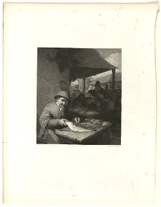 Fish vendor seated at table, facing the viewer, holding a fish at a street market) - peint par A. Van-Ostade ; dessiné par Marchais ; gravé par Claessens LCCN90707148