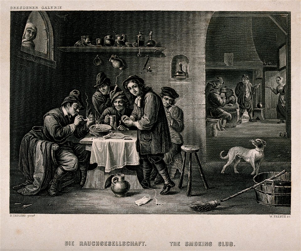 Five men sit indoors smoking and drinking, others play cards Wellcome V0019054