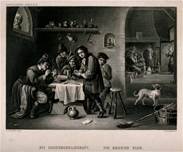 Five men sit indoors smoking and drinking, others play cards Wellcome V0019054