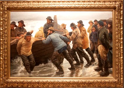 Fishermen launching a rowing boat by Michael Ancher, with frame