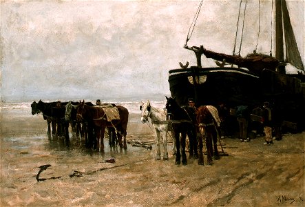Fishing boat and draught-horses on the beach, by Anton Mauve