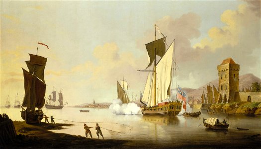 Fishing scene, with a royal yacht near the shore RMG BHC1052