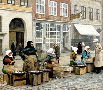Fiskekoner udenfor Krog's fiskerestaurant på Gammel Strand