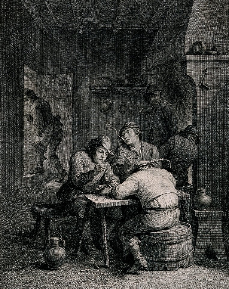 Five Flemish men smoke, drink and sleep in a dingy smoke den Wellcome V0019041