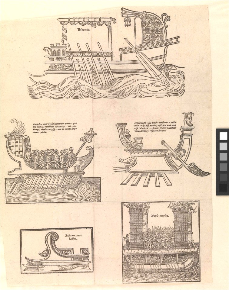 Five illustrations of early galleys including a trireme from Historia Navalis Antiqua pub 1633 (Galleys 1) RMG PX8311
