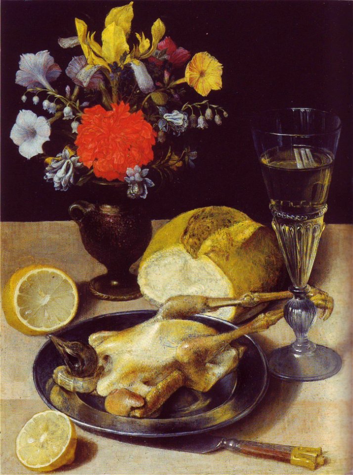 Flegel - Stilleben mit Blumenstrauss und gebratenem Fasan