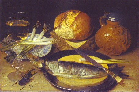Flegel - Frühstücksbild mit Hering, Bartmannskrug und Hirschkäfer