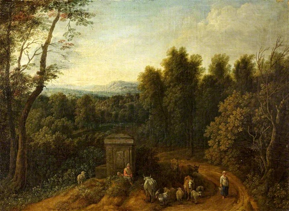 Flemish School - A Wooded Landscape with Peasants and Herdsfolk by a Monument - 732189 - National Trust