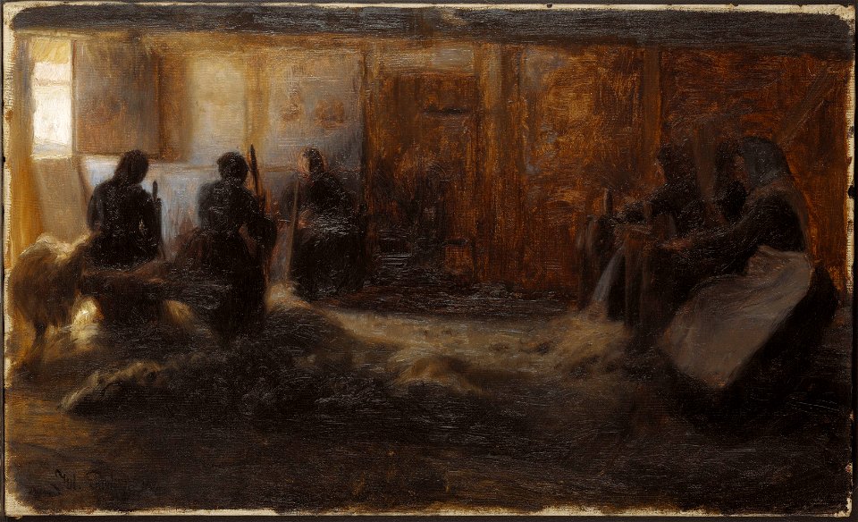 Flax-beating at Tidsvilde, Själland (Julius Paulsen) - Nationalmuseum - 19753