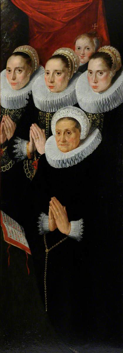 Flemish School - Part of a Diptych, Five Donor Figures of Women, Dressed in Black with White Ruffs, Praying (right wing, verso) - 1191202 - National Trust
