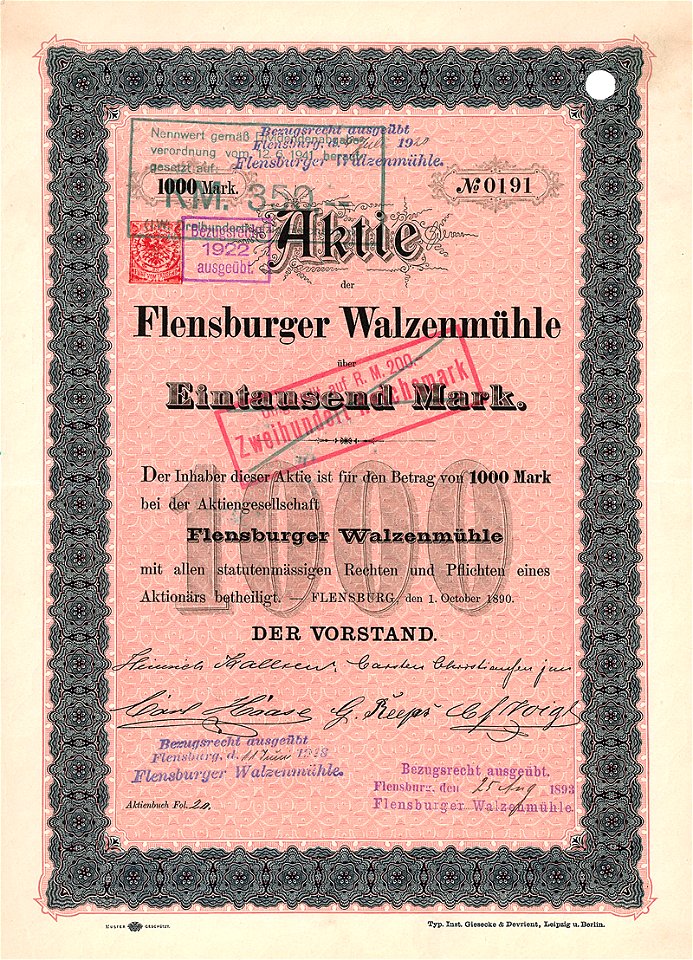 Flensburger Walzenmühle 1000 Mk 1890