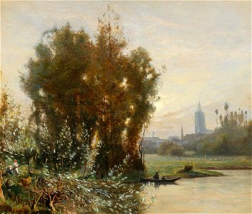 Camille Flers - River Landscape with a City in the Background. Free illustration for personal and commercial use.