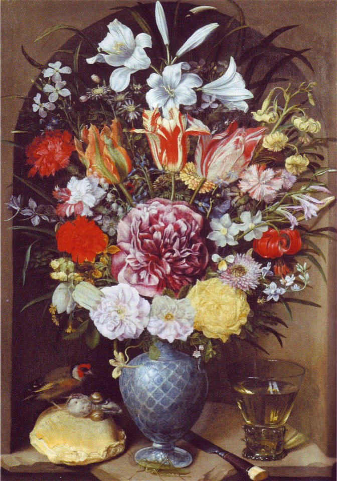 Flegel - Blumen, Römer und Stieglitz auf Weissbrotwecken in einer Nische